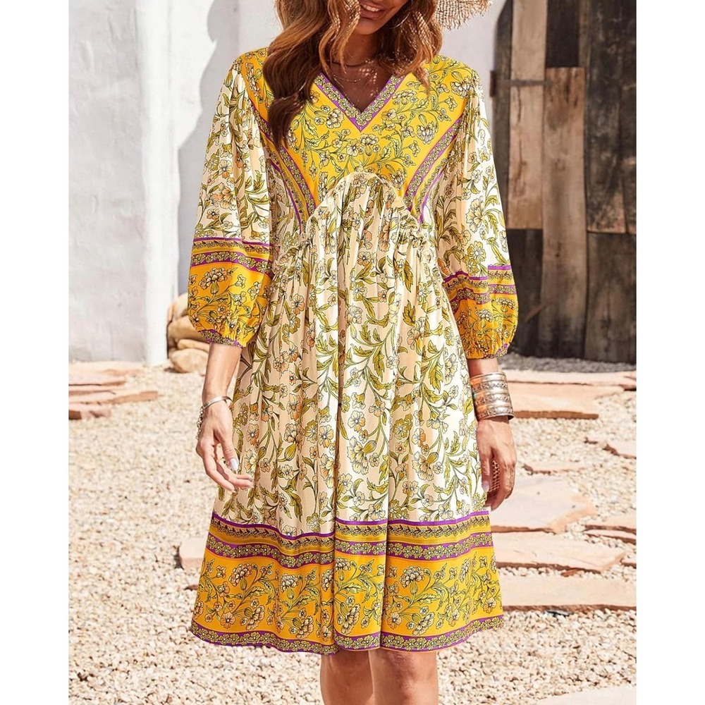 BTFBM Floral Boho Midi Dress Women M V-Neck Balloon Sleeve Peasant Festival Folk - Picture 8 of 11
